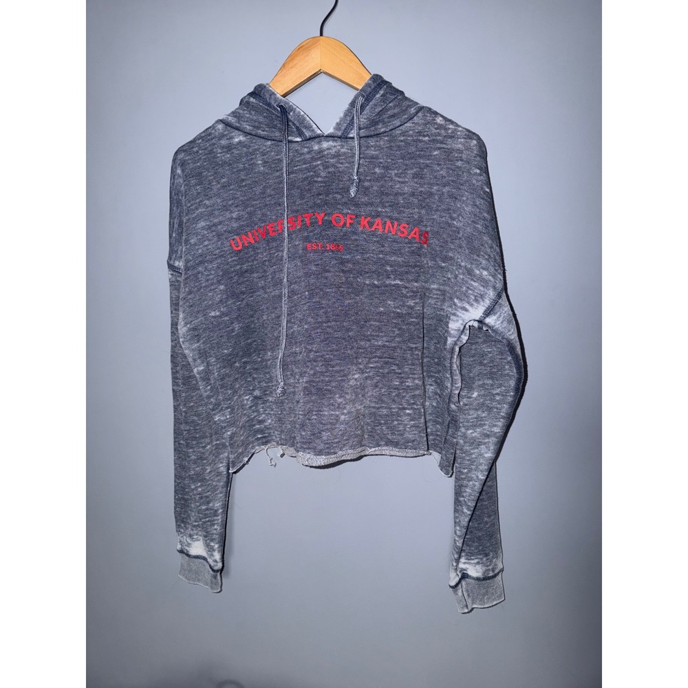 chicka-d University of Kansas‎ Jayhawks Cropped Acid Wash Hoodie Gray Womens M